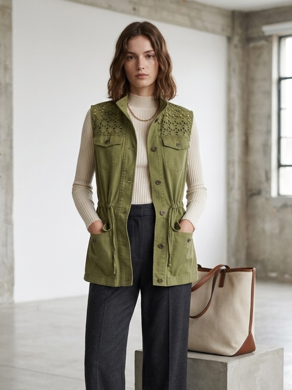 Liz Claiborne Olive Green Eyelet Utility Vest